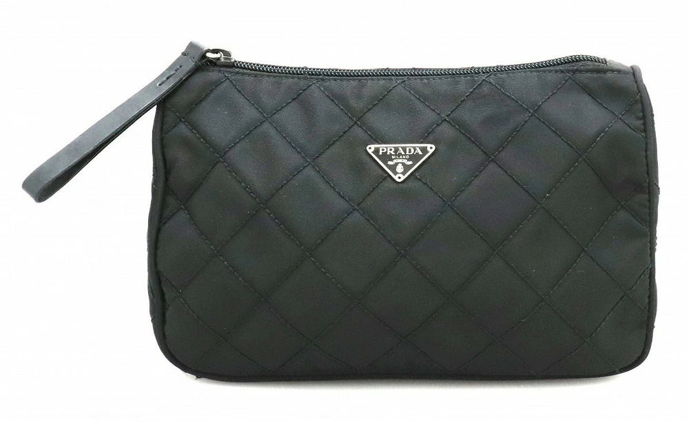 Prada Quilted Pouch Clutch Case Cosmetic Leather NERO Black